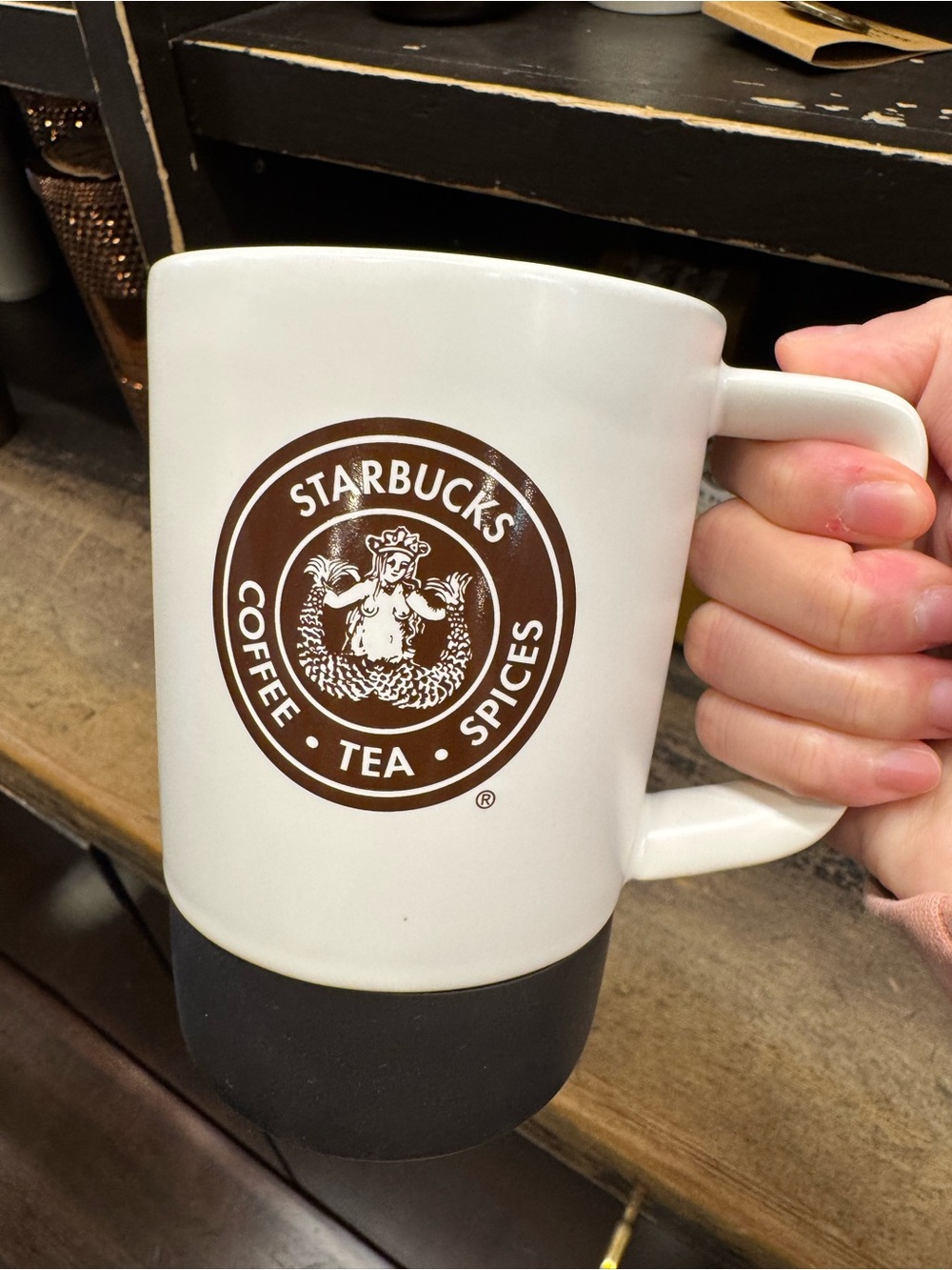 First Starbucks White Mug with Brown Logo and Black Base Starbucks Pike Place